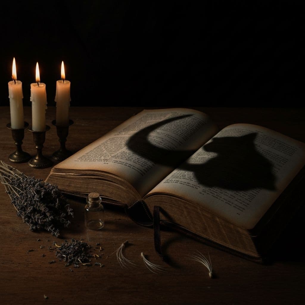 A grimoire open on a candlelit table with the shadow of a cat cast across its pages