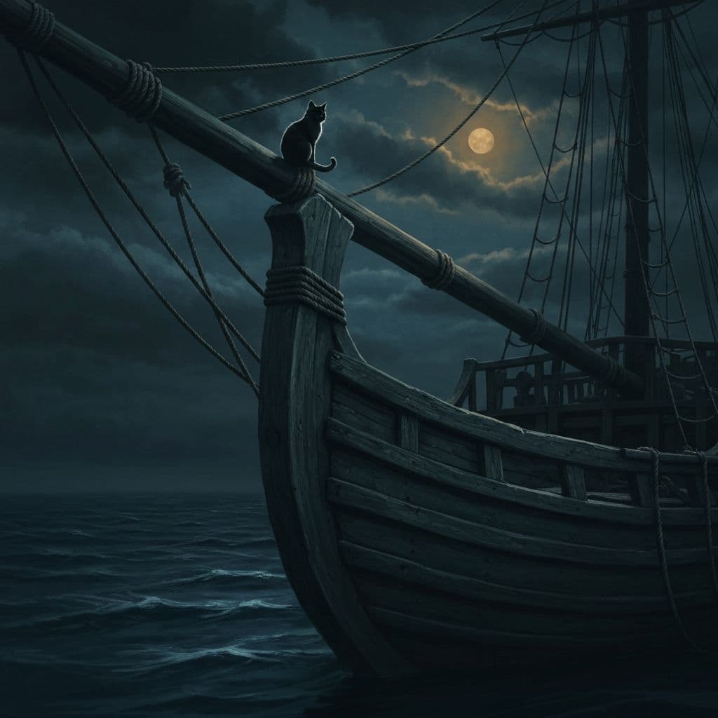 A cat silhouetted on the bow of a medieval sailing ship under moonlight